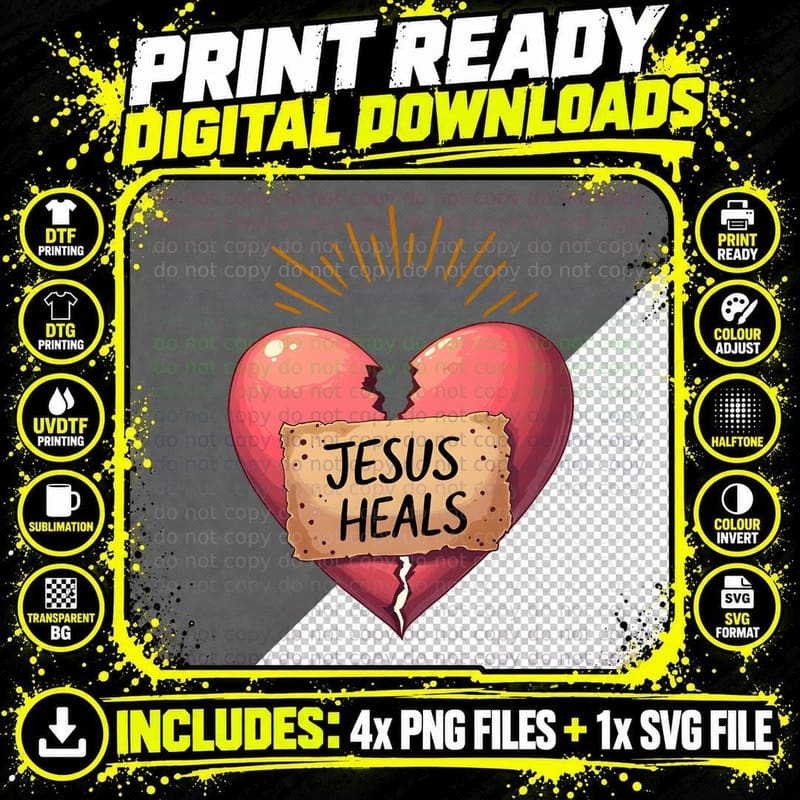Jesus Heals Broken Heart Band-Aid Golden Halo Christian Png SVG Digital Bundle