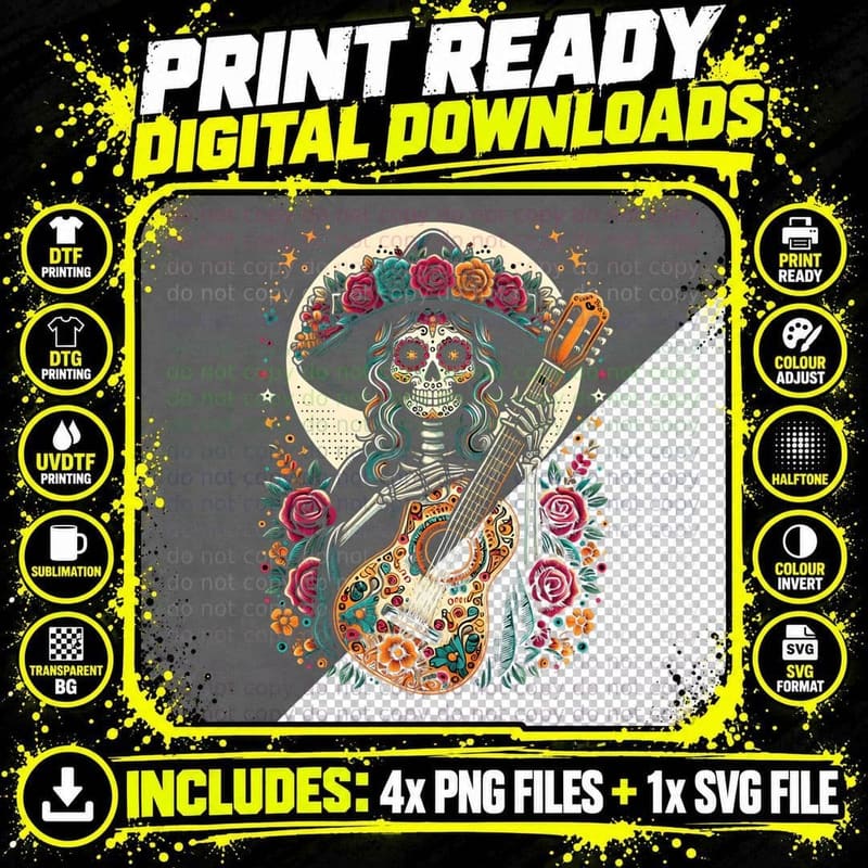 La Catrina Day of the Dead Sugar Skull Guitar T-Shirt Png SVG Digital Bundle