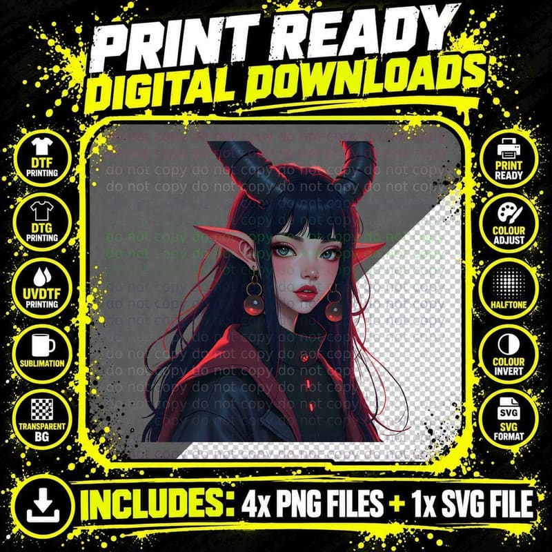Long Black Hair Demon Woman with Horns Gothic Punk Png SVG Digital Bundle