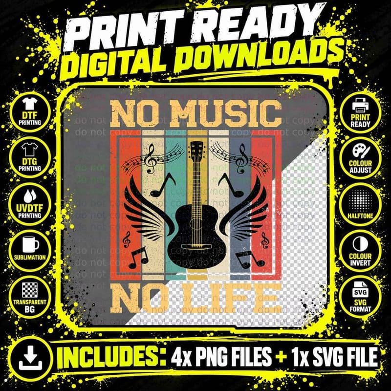 No Music No Life Acoustic Guitar Shirt Png SVG Digital Bundle