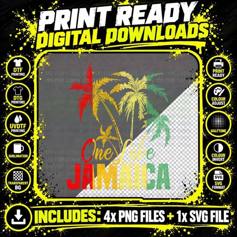 One Love Jamaica Reggae T-Shirt, Rasta Palm Trees Png SVG Digital Bundle