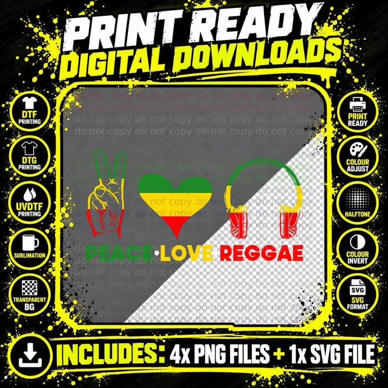 Peace Love Reggae Headphones, Rasta Heart Hand Sign Png SVG Digital Bundle