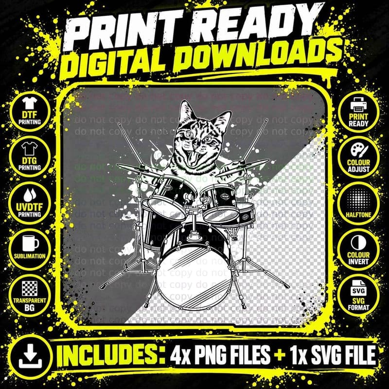 Punk Rockstar Kitten Kitty Cat Drummer Playing Drums Png SVG Digital Bundle
