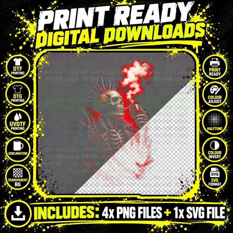 Punk Skull Smoking T-Shirt, Gothic Art Print Png SVG Digital Bundle