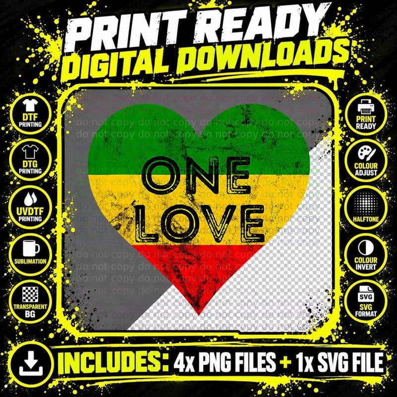 Reggae Heart One Love Rasta Reggae Music Rastafarian Png SVG Digital Bundle