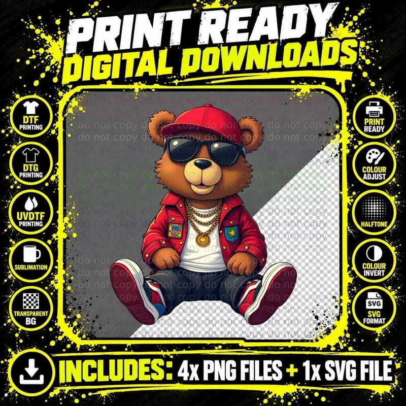 Retro Cool Bear Hip Hop Graffiti Street Art T-Shirt Png SVG Digital Bundle