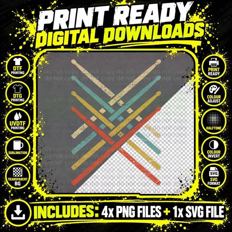 Retro Drumsticks Cross T-Shirt, Vintage 70S 80S Png SVG Digital Bundle