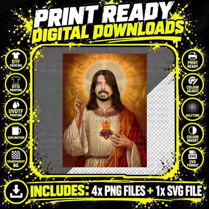 Rock Star Sacred Heart Portrait T-Shirt, Saint Halo Art Png SVG Digital Bundle