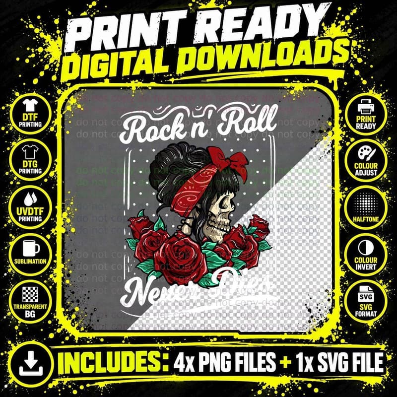 Rockabilly Girl Skull Tattoo Pin-Up T-Shirt Png SVG Digital Bundle