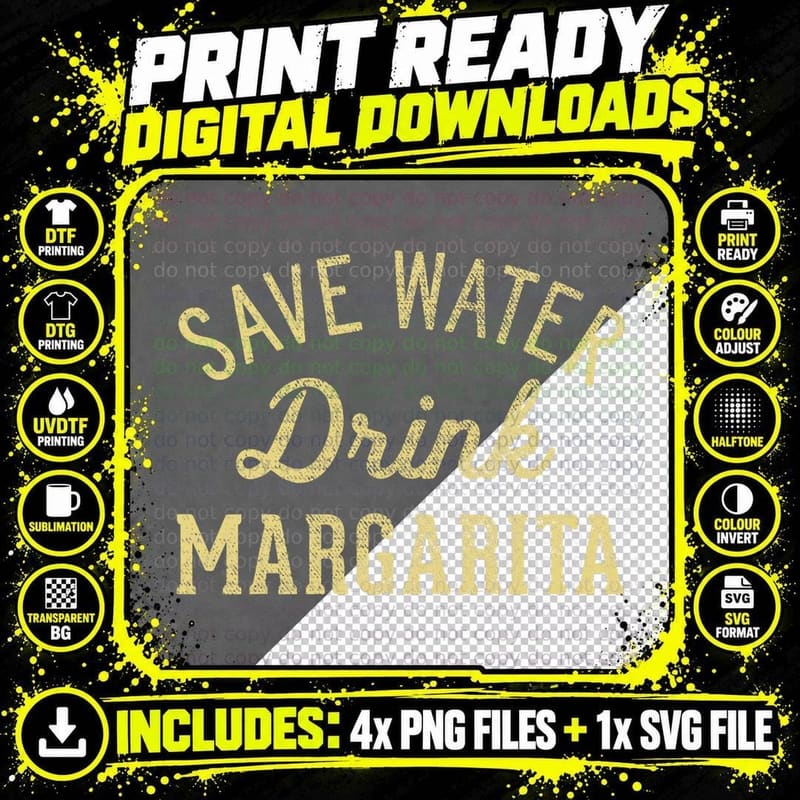 Save Water Drink Margarita Vintage Gold Script Png SVG Digital Bundle