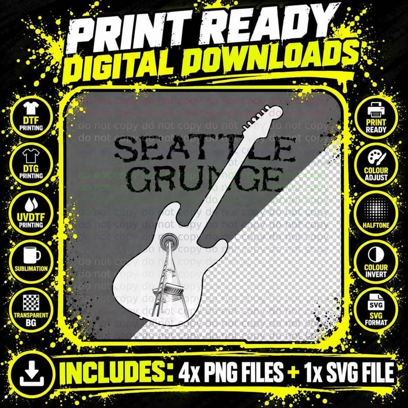 Seattle Grunge Retro Rock Guitar Space Needle T-Shirt Png SVG Digital Bundle