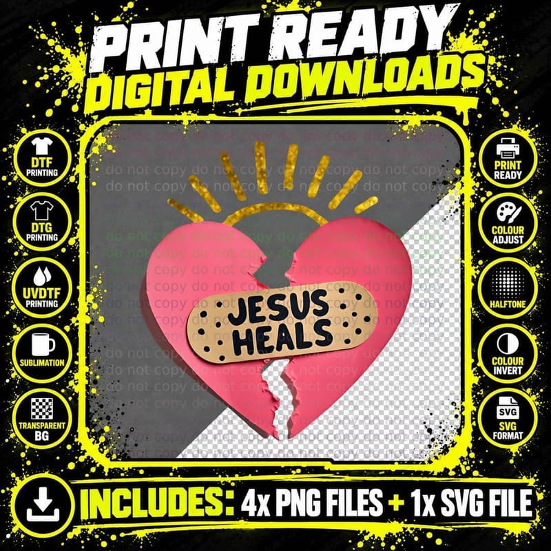 Spiritual Jesus Heals Torn Heart Band Aid Golden Halo Png SVG Digital Bundle