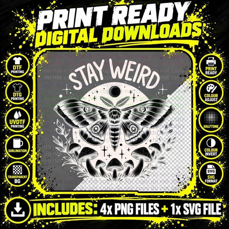 Stay Weird Moth, Grunge Aesthetic, Weirdcore Png SVG Digital Bundle