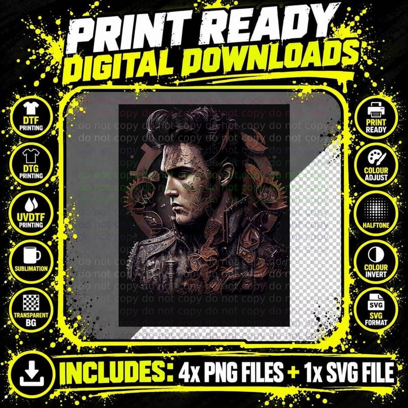Steampunk Elvis Portrait Tee, Cogs and Gears Side Png SVG Digital Bundle
