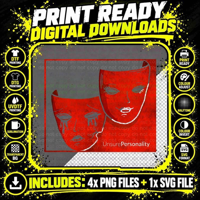 Theater Mask Soft Grunge Drama Comedy Unsure Personality Png SVG Digital Bundle