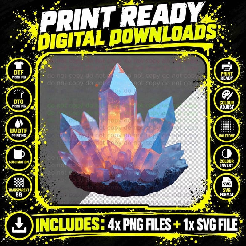 Vibrant Glowing Crystal Cluster Geode Rock Gemstone Png SVG Digital Bundle