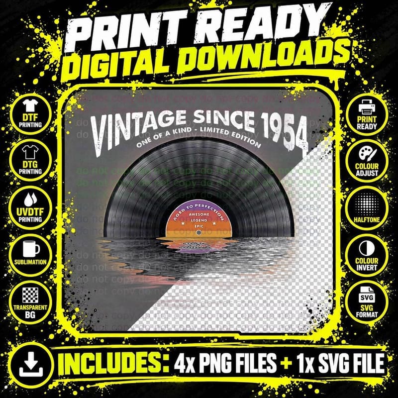Vintage Since 1954 Retro Disco Music Vintage Vinyl LP Png SVG Digital Bundle