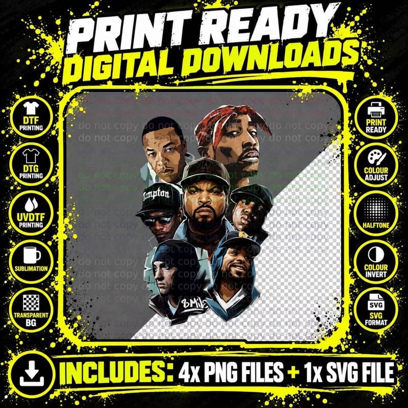 West Coast Hip-Hop Legends T-Shirt, Rap Icons Collage Png SVG Digital Bundle