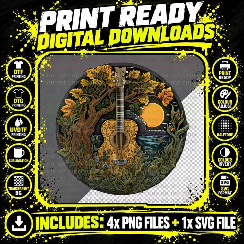 Acoustic Guitar Tree Guitarist Landscape Nature Music Png SVG Digital Bundle