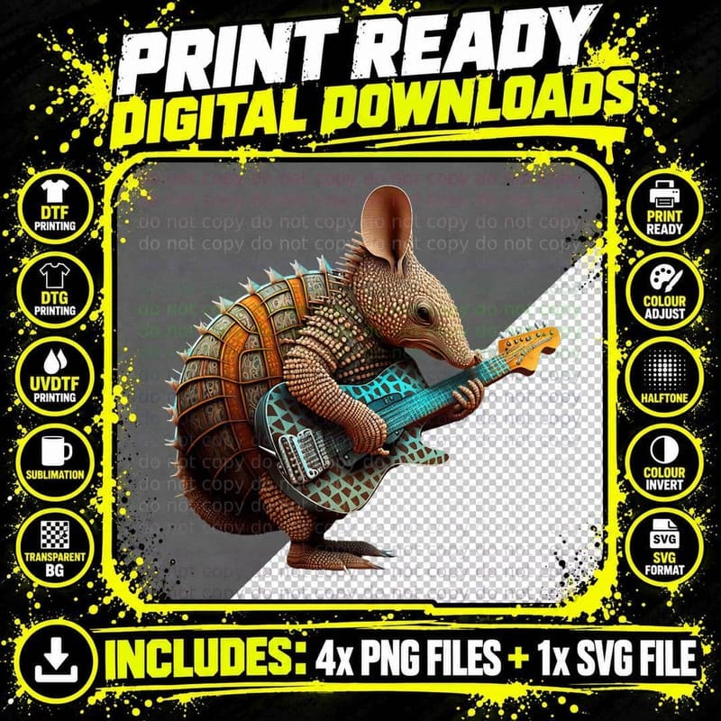 Armadillo Playing Electric Guitar Rock T-Shirt Png SVG Digital Bundle