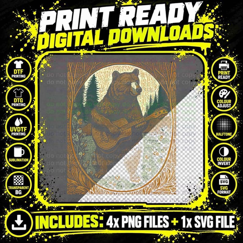 Bear Playing Guitar Vintage Cottagecore Funny Cute Music Png SVG Digital Bundle