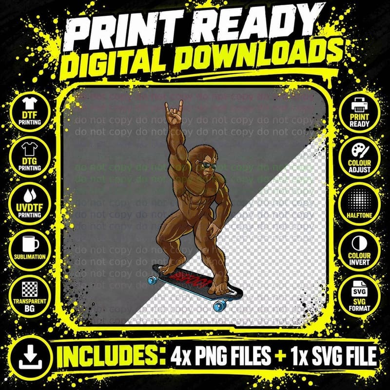 Bigfoot Long Boarding Rock on - Sasquatch Big Foot Skate Png SVG Digital Bundle