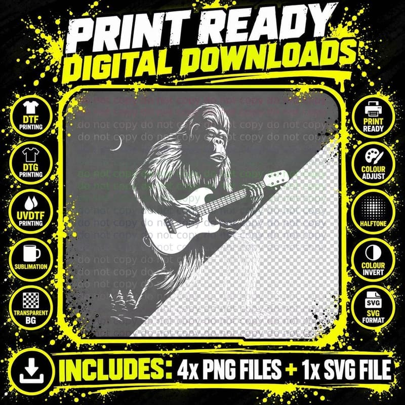 Bigfoot Sasquatch Playing Guitar Rock & Roll Guitarist Png SVG Digital Bundle