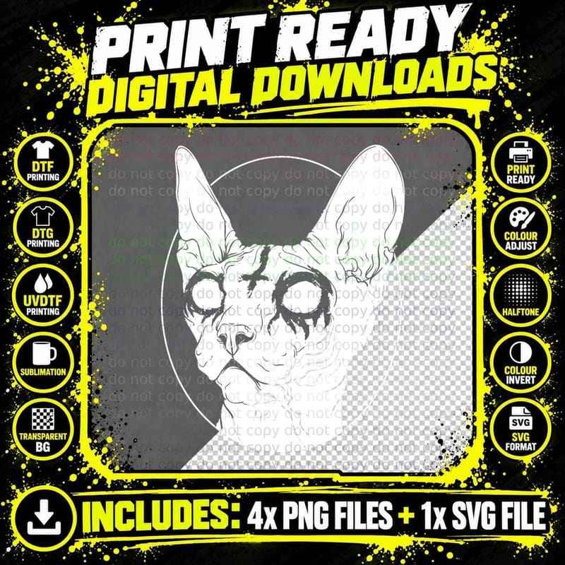 Black Metal Sphynx Cat I Goth and Death Metal T-Shirt Png SVG Digital Bundle