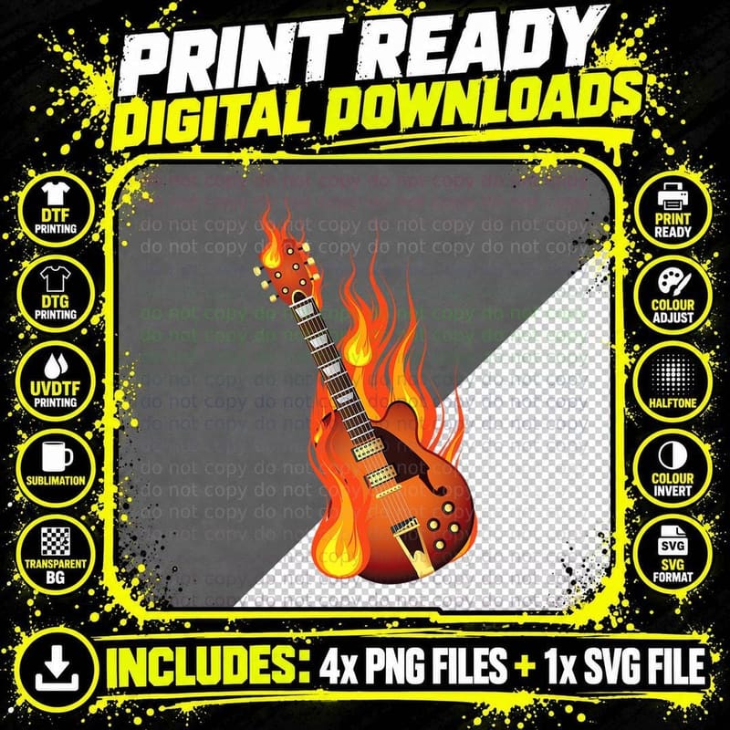 Burning on Fire Rock Guitar Heavy Metal Music Gift Png SVG Digital Bundle