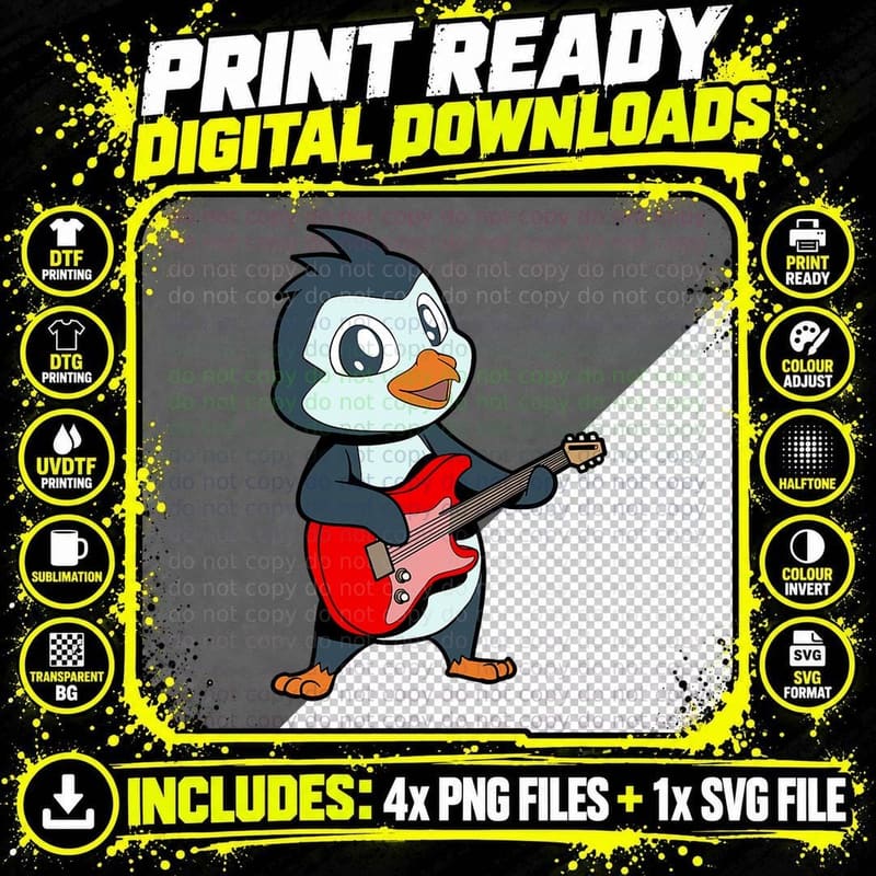 Cartoon Penguin Playing Electric Guitar T-Shirt Png SVG Digital Bundle