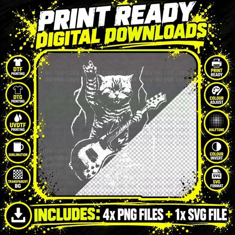 Cat Lover Bass Guitar Player Rock N Roll Guitarist Png SVG Digital Bundle