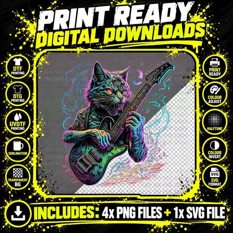 Cat Playing Guitar Rock Cat Heavy Metal Cat Music Cat Png SVG Digital Bundle
