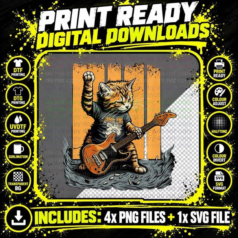 Cat Playing the Guitar Rock Kitty Cat Bass Player Boys Png SVG Digital Bundle