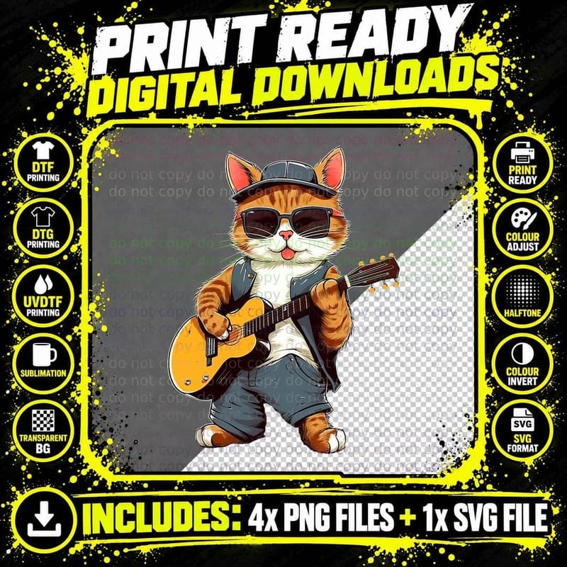 Cat Wearing Sunglasses Playing Guitar Guitarist T-Shirt Png SVG Digital Bundle