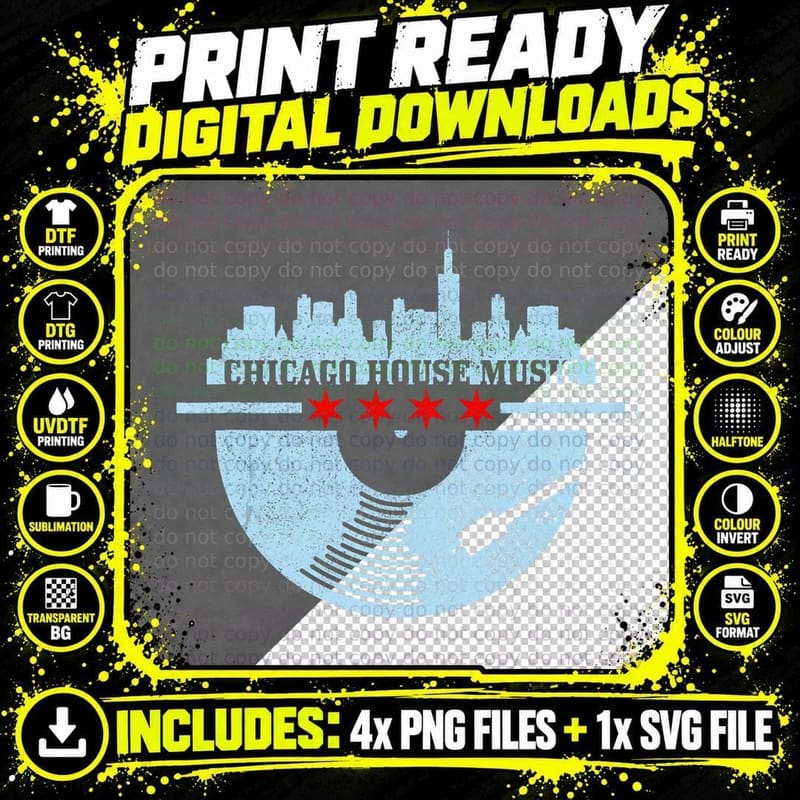 Chicago House Music Vintage Vinyl Dj Raver Flag Skyline Png SVG Digital Bundle
