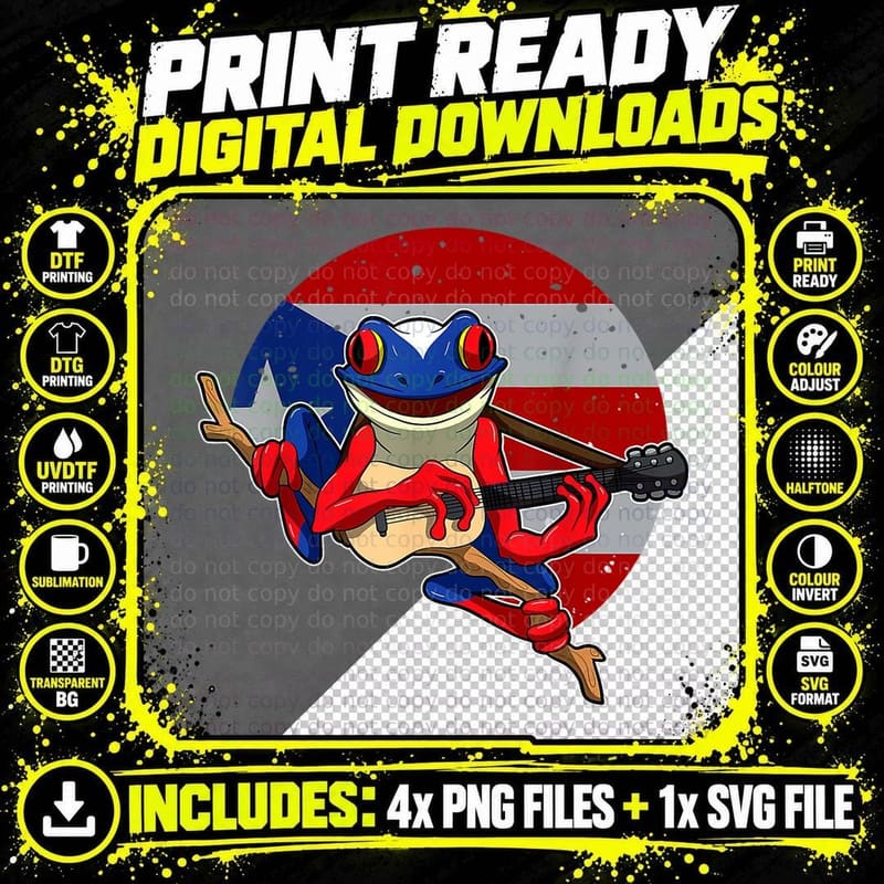 Coqui Frog Playing Guitar - Puerto Rico Animal T-Shirt Png SVG Digital Bundle