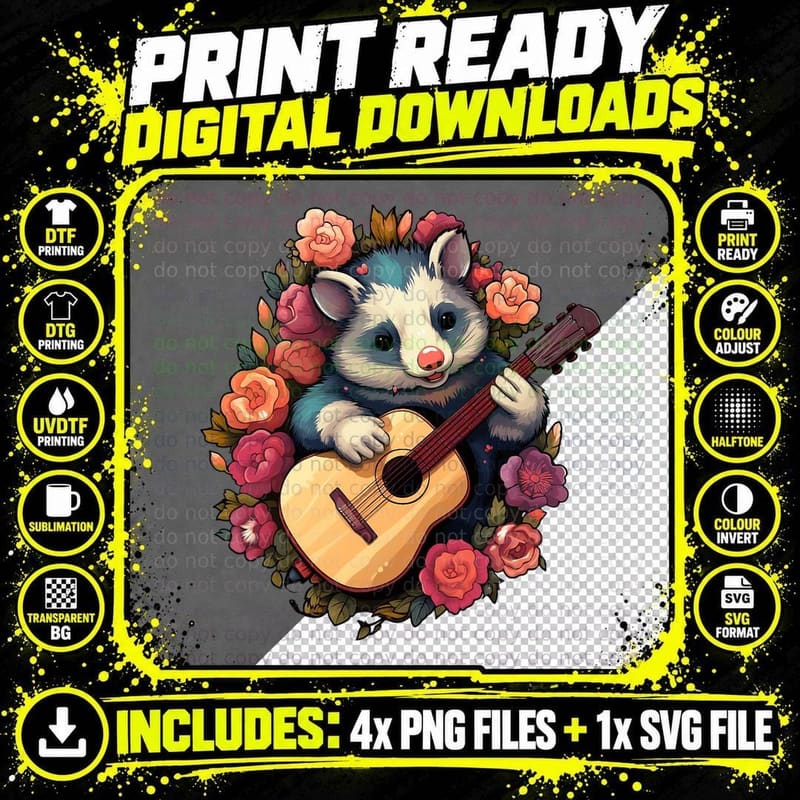 Cute Cottagecore Aesthetic Possum Guitar Lover T-Shirt Png SVG Digital Bundle