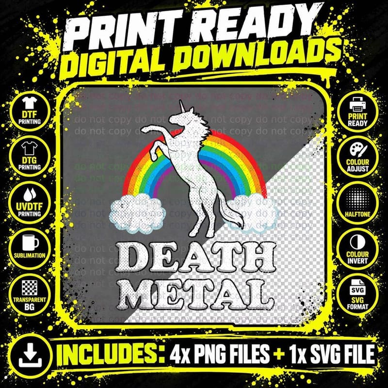 Death Metal Shirts Unicorn Rainbow Heavy Metal Png SVG Digital Bundle