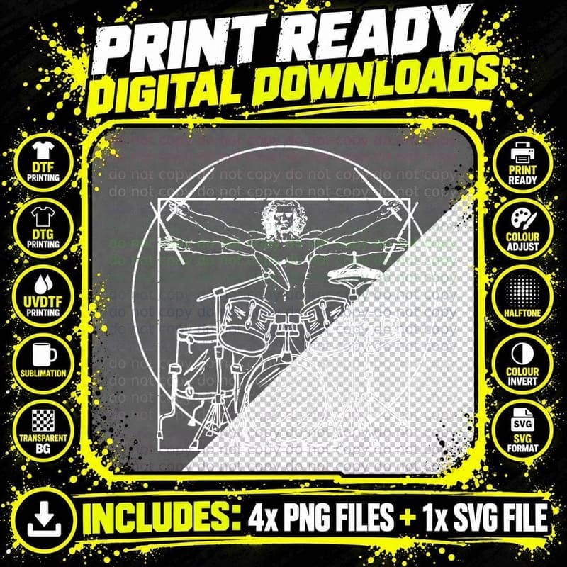 Drummer Gift Da Vinci Drums Drawing Present for Music Png SVG Digital Bundle