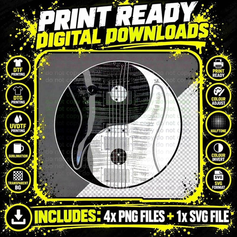 Electric Guitar Yin Yang Black White Musician Rock Png SVG Digital Bundle