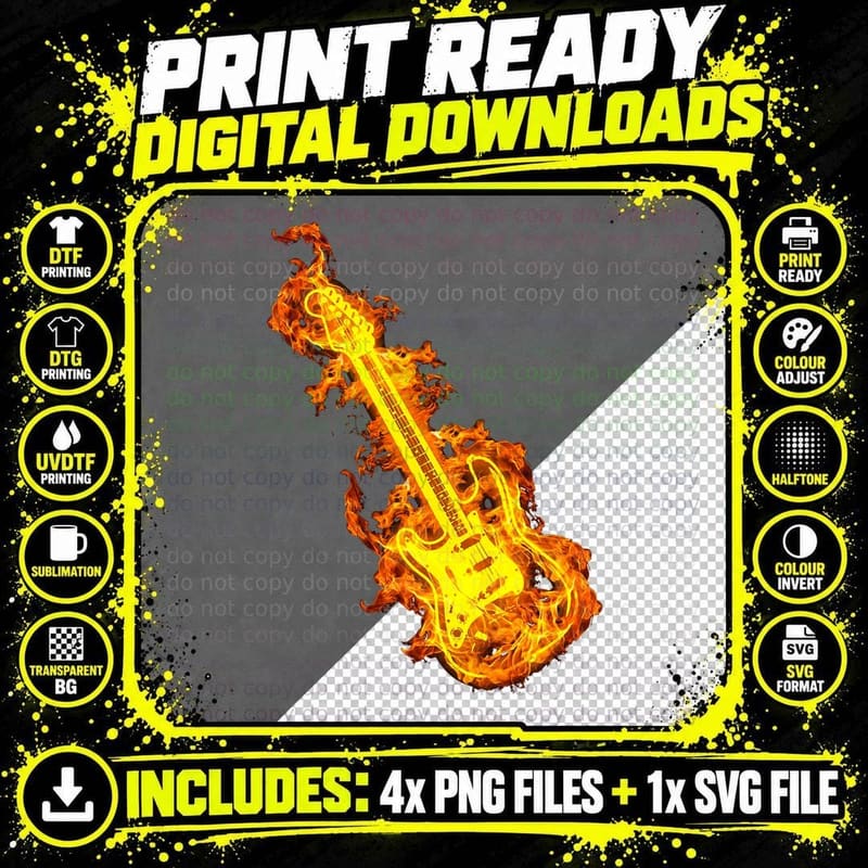 Electric Guitar on Fire Gift Rock Guitar Lover T-Shirt Png SVG Digital Bundle