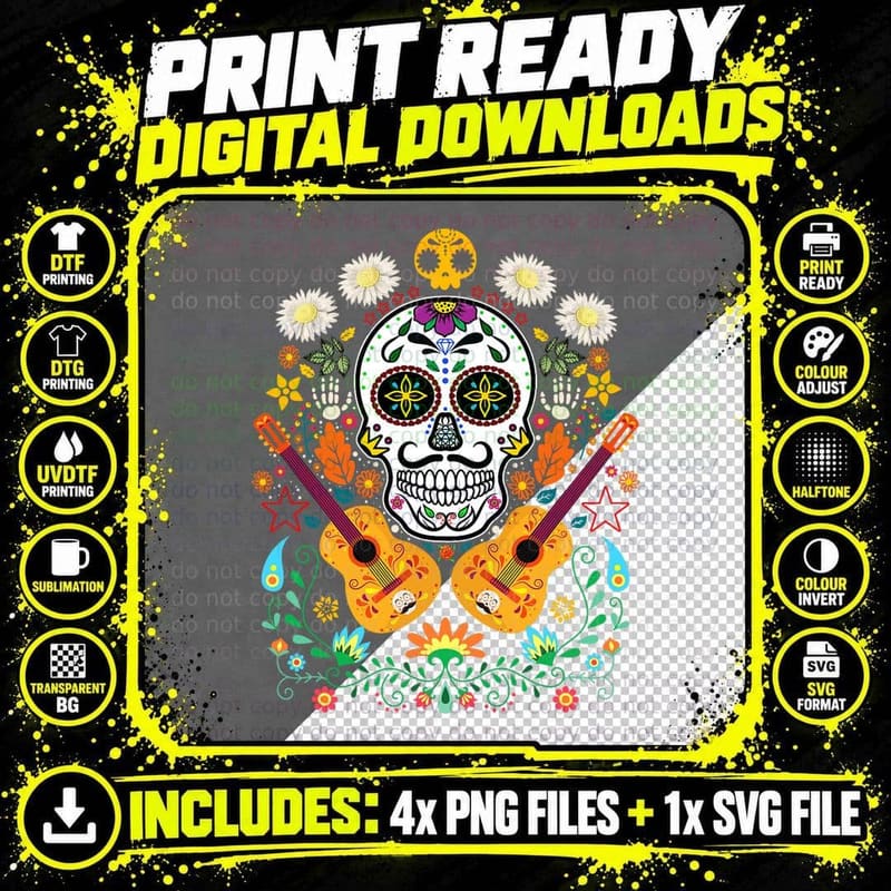 Flower Guitar Skull Day of the Dead Gifts Mariachi Png SVG Digital Bundle