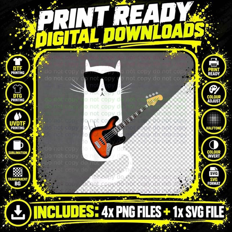 Funny Cat Wearing Sunglasses Playing Bass Guitar T-Shirt Png SVG Digital Bundle