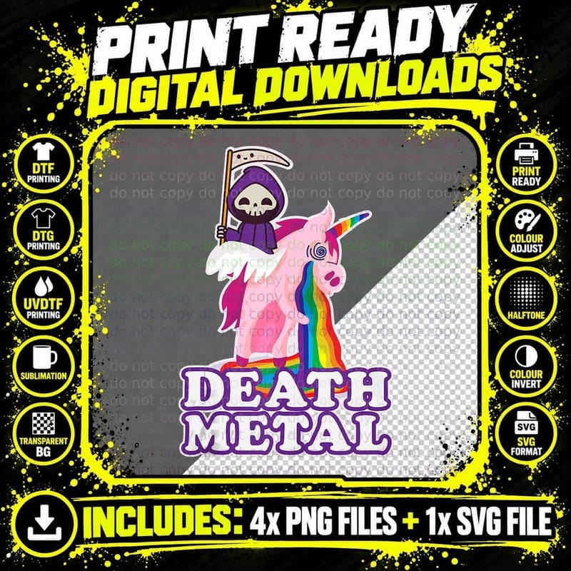 Funny Death Metal T-Shirt Grim Reaper Riding Unicorn Png SVG Digital Bundle