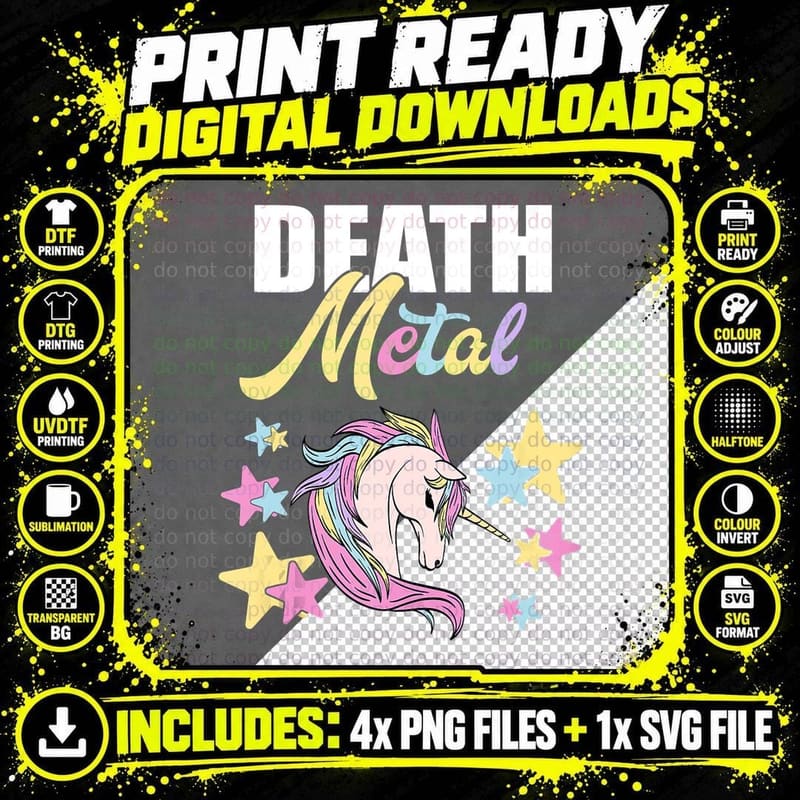 Funny Death Metal Unicorn Cute Rock Music Band Tshirt Png SVG Digital Bundle