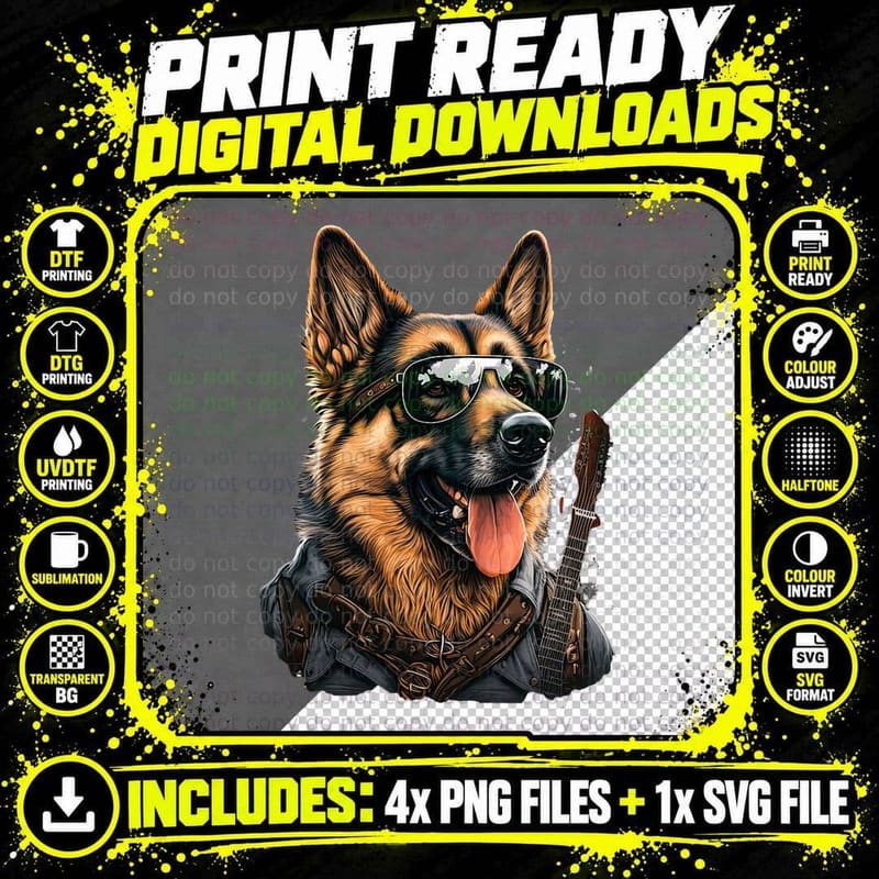 Funny German Shepherd Dog Rock and Roll Guitar Music Png SVG Digital Bundle