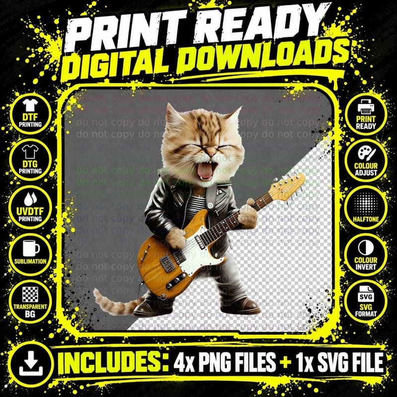 Funny Guitar Cat - Rock Cat Playing Guitar Png SVG Digital Bundle