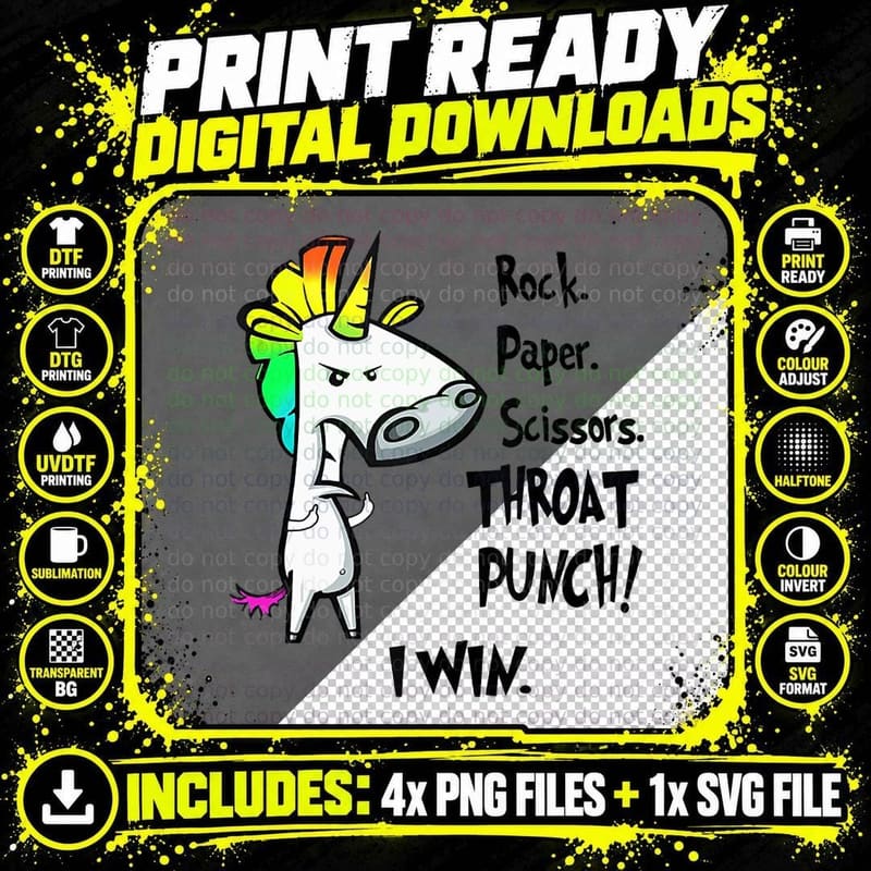 Funny Unicorn Rock Paper Scissors Throat Punch I Win Png SVG Digital Bundle