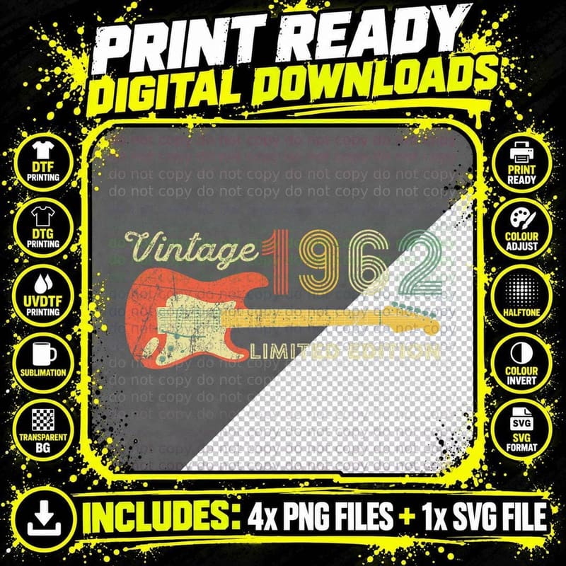 Guitar Lover 60 Year Olds Vintage 1962 Limited Edition Png SVG Digital Bundle
