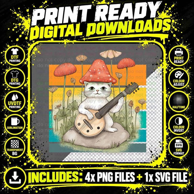 Guitar Music Mushroom Hat Musician Guitarist Cat Toy Png SVG Digital Bundle
